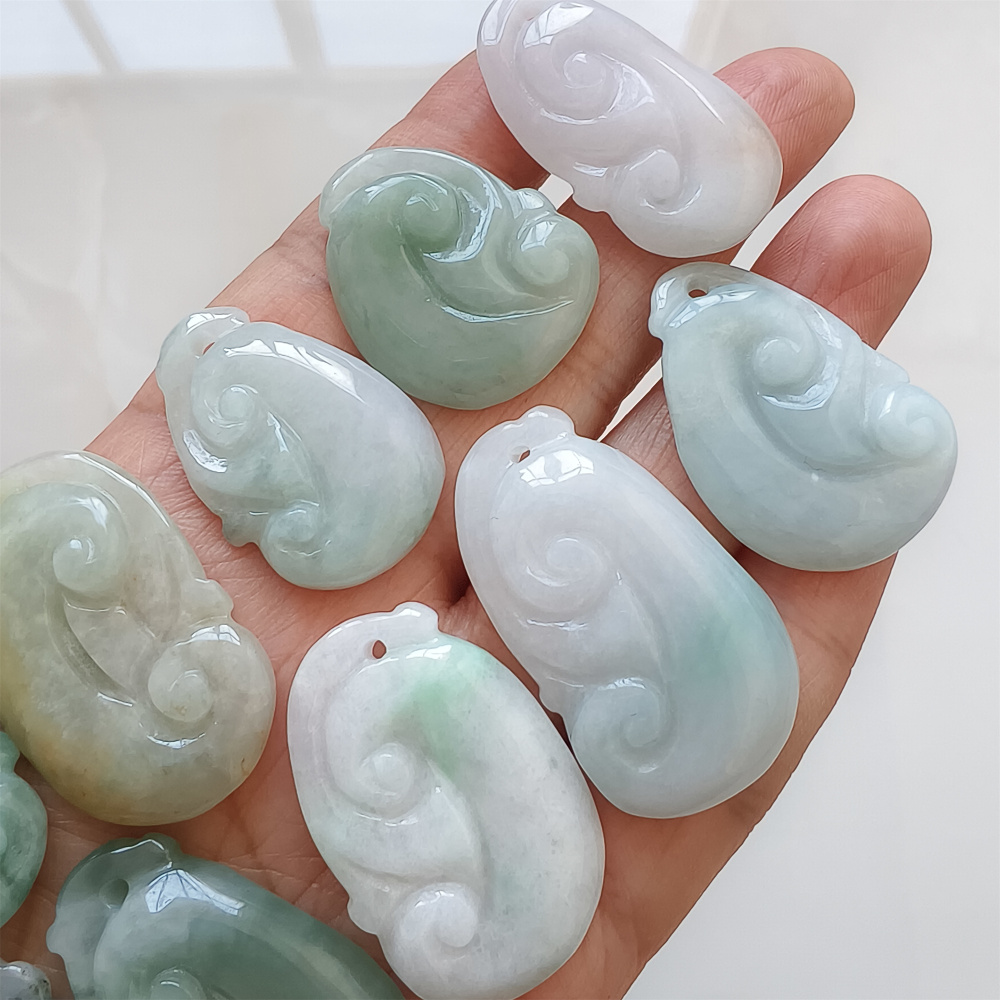 2pcs Natural Certificated Type A 21-39X17-25X4-7mm Green White Yellow Burmese Jadeite Ruyi Pendant,Amulet Pendant,DIY Jewelry Supplies
