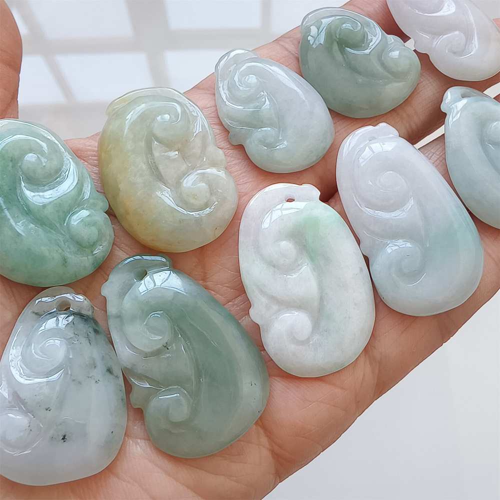 2pcs Natural Certificated Type A 21-39X17-25X4-7mm Green White Yellow Burmese Jadeite Ruyi Pendant,Amulet Pendant,DIY Jewelry Supplies