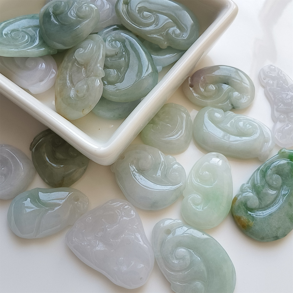 2pcs Natural Certificated Type A 21-39X17-25X4-7mm Green White Yellow Burmese Jadeite Ruyi Pendant,Amulet Pendant,DIY Jewelry Supplies