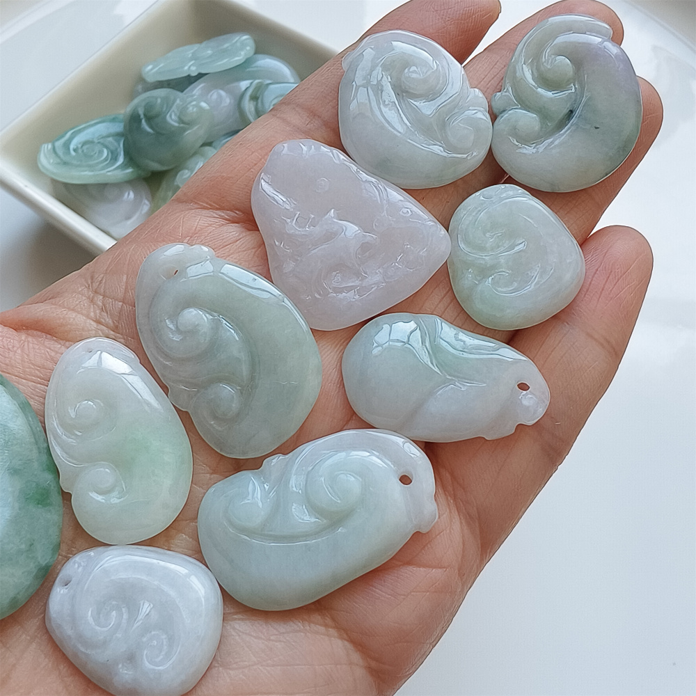 2pcs Natural Certificated Type A 21-39X17-25X4-7mm Green White Yellow Burmese Jadeite Ruyi Pendant,Amulet Pendant,DIY Jewelry Supplies