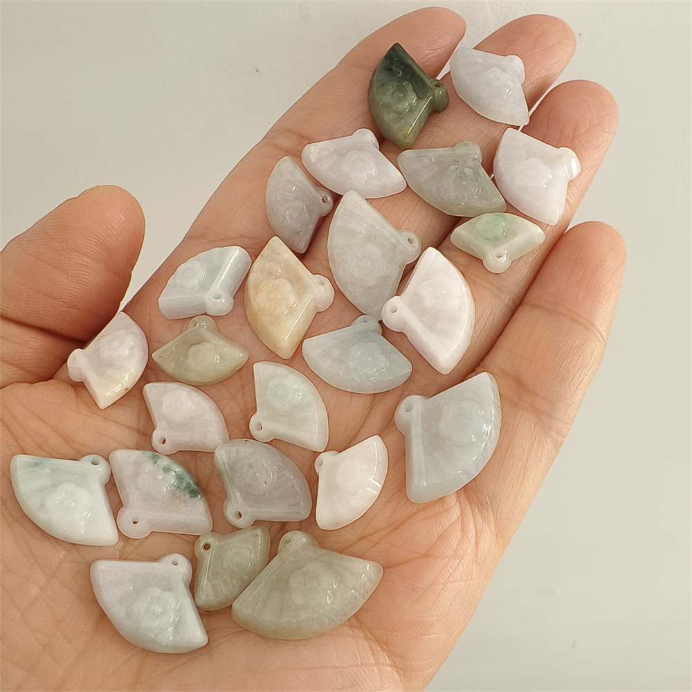 5pcs Natural Certificated Type A 10-14X14-21X5mm Green White Yellow Burmese Jadeite Fan Pendant With Flowers Carved,Fan Charms,DIY Jewelry Supplies