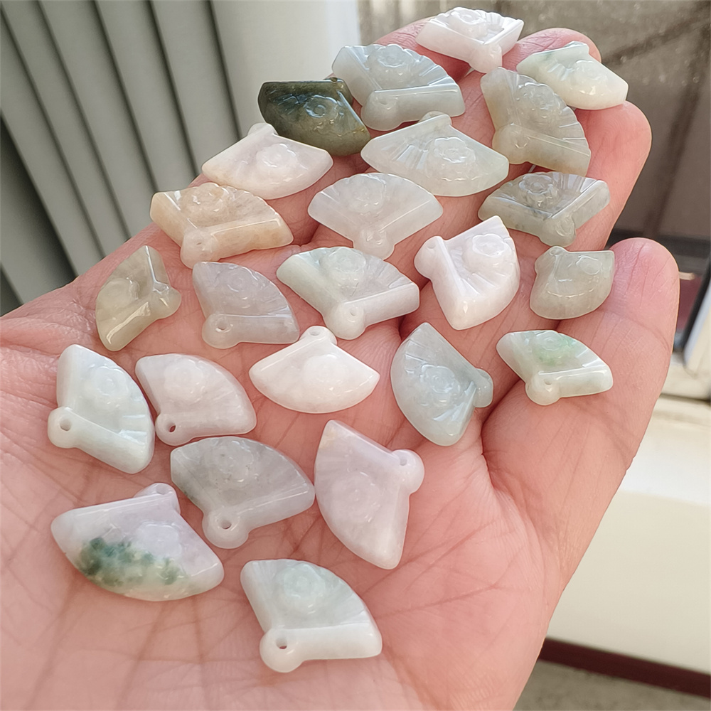 5pcs Natural Certificated Type A 10-14X14-21X5mm Green White Yellow Burmese Jadeite Fan Pendant With Flowers Carved,Fan Charms,DIY Jewelry Supplies