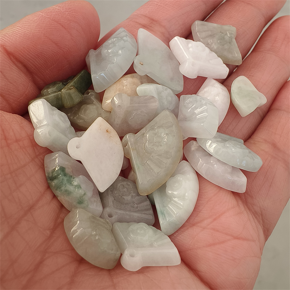 5pcs Natural Certificated Type A 10-14X14-21X5mm Green White Yellow Burmese Jadeite Fan Pendant With Flowers Carved,Fan Charms,DIY Jewelry Supplies
