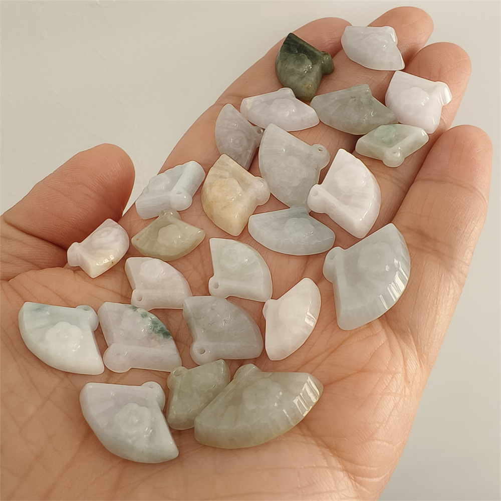 5pcs Natural Certificated Type A 10-14X14-21X5mm Green White Yellow Burmese Jadeite Fan Pendant With Flowers Carved,Fan Charms,DIY Jewelry Supplies