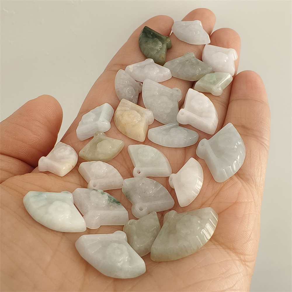 5pcs Natural Certificated Type A 10-14X14-21X5mm Green White Yellow Burmese Jadeite Fan Pendant With Flowers Carved,Fan Charms,DIY Jewelry Supplies