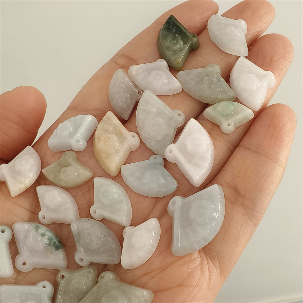 5pcs Natural Certificated Type A 10-14X14-21X5mm Green White Yellow Burmese Jadeite Fan Pendant With Flowers Carved,Fan Charms,DIY Jewelry Supplies