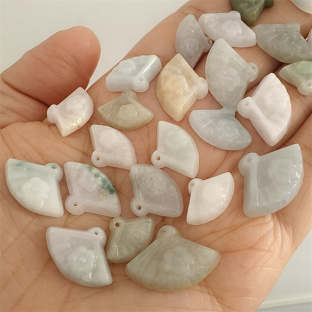 5pcs Natural Certificated Type A 10-14X14-21X5mm Green White Yellow Burmese Jadeite Fan Pendant With Flowers Carved,Fan Charms,DIY Jewelry Supplies
