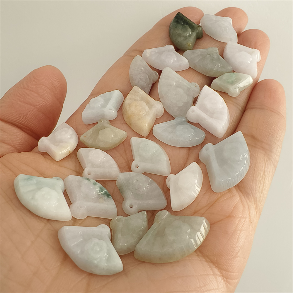 5pcs Natural Certificated Type A 10-14X14-21X5mm Green White Yellow Burmese Jadeite Fan Pendant With Flowers Carved,Fan Charms,DIY Jewelry Supplies