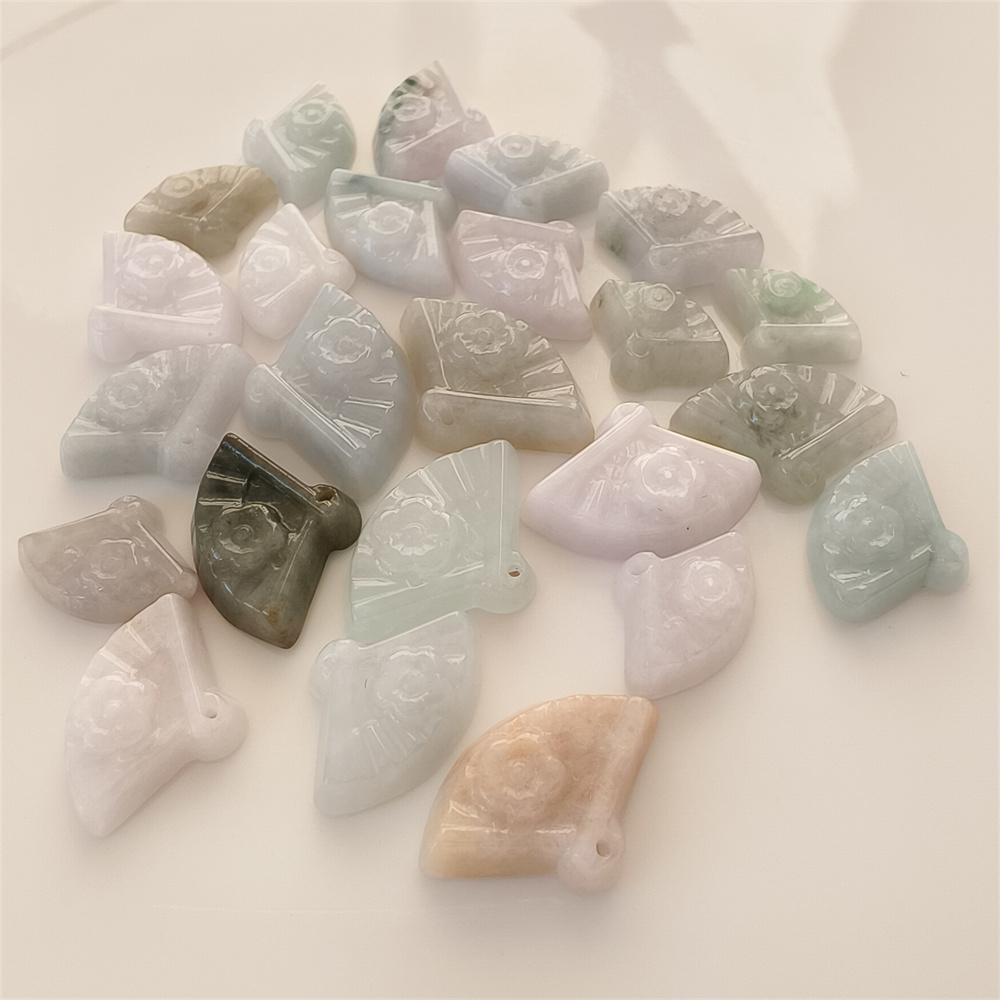 5pcs Natural Certificated Type A 10-14X14-21X5mm Green White Yellow Burmese Jadeite Fan Pendant With Flowers Carved,Fan Charms,DIY Jewelry Supplies