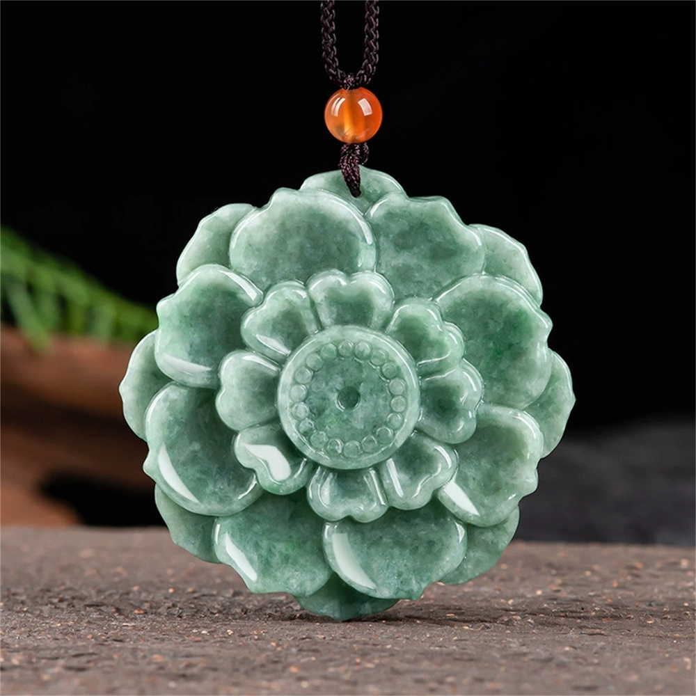 Certificated Natural Type A Untreated 50.3X6.5mm Bean Green Burmese Jadeite Lotus Pendant,Flowers  Pendant,DIY Jewelry Supplies