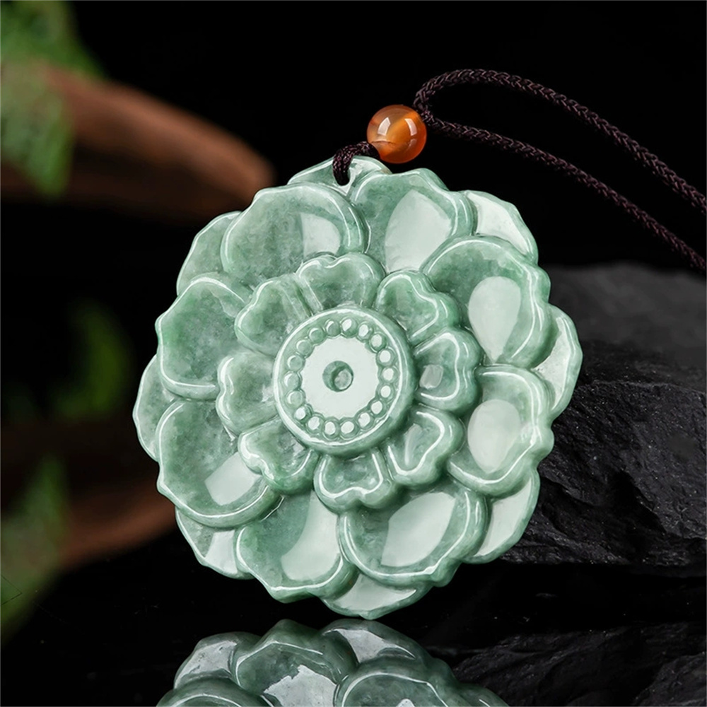 Certificated Natural Type A Untreated 50.3X6.5mm Bean Green Burmese Jadeite Lotus Pendant,Flowers  Pendant,DIY Jewelry Supplies