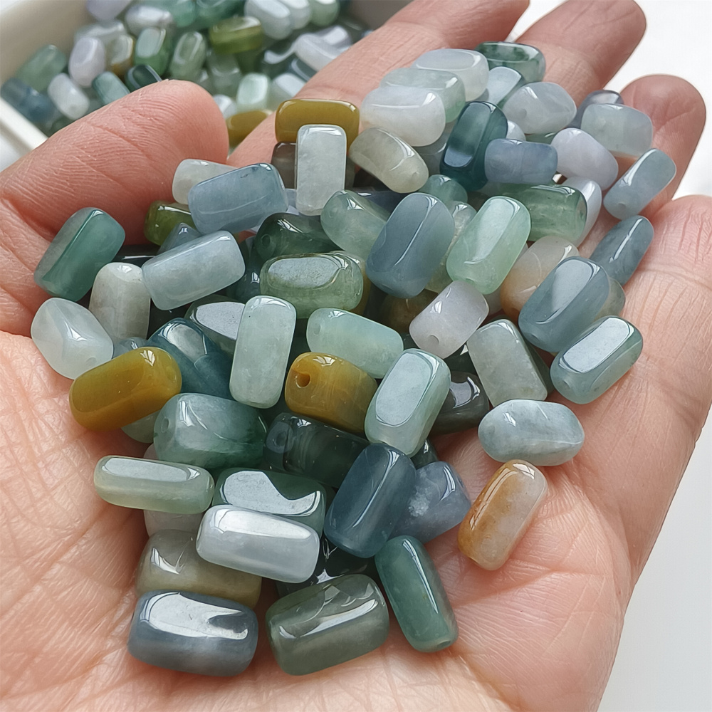 10pcs 10X5mm Natural Certificated Type A Green White Yellow Burmese Jadeite Smooth Rectangle Beads,Burma Jadeite Loose Beads,DIY Jewelry Supplies