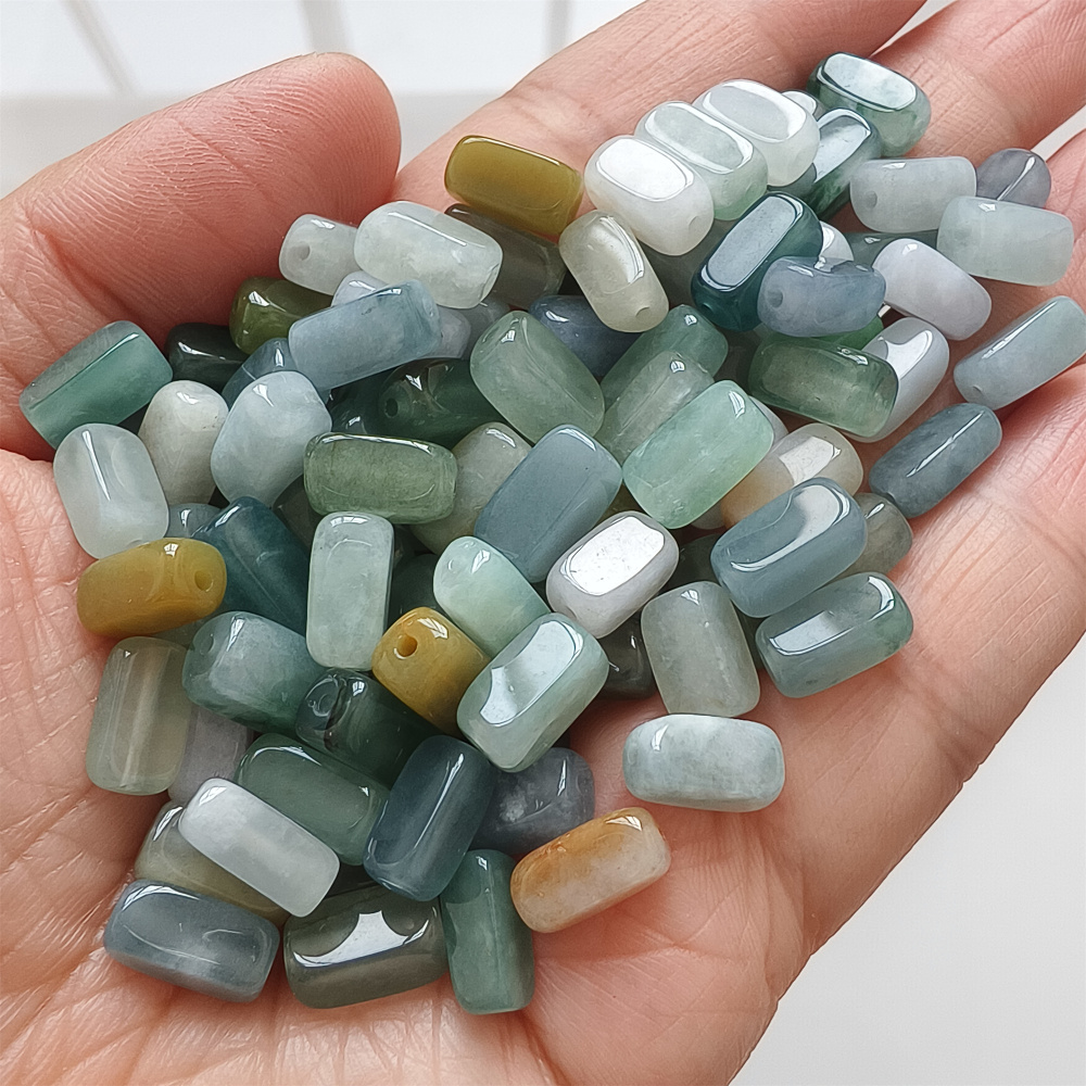 10pcs 10X5mm Natural Certificated Type A Green White Yellow Burmese Jadeite Smooth Rectangle Beads,Burma Jadeite Loose Beads,DIY Jewelry Supplies