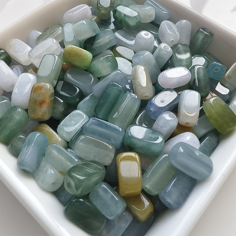10pcs 10X5mm Natural Certificated Type A Green White Yellow Burmese Jadeite Smooth Rectangle Beads,Burma Jadeite Loose Beads,DIY Jewelry Supplies