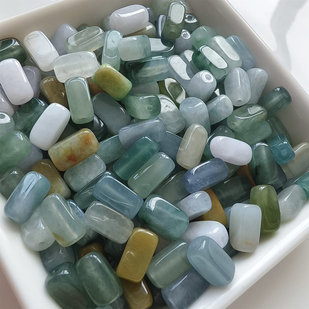 10pcs 10X5mm Natural Certificated Type A Green White Yellow Burmese Jadeite Smooth Rectangle Beads,Burma Jadeite Loose Beads,DIY Jewelry Supplies