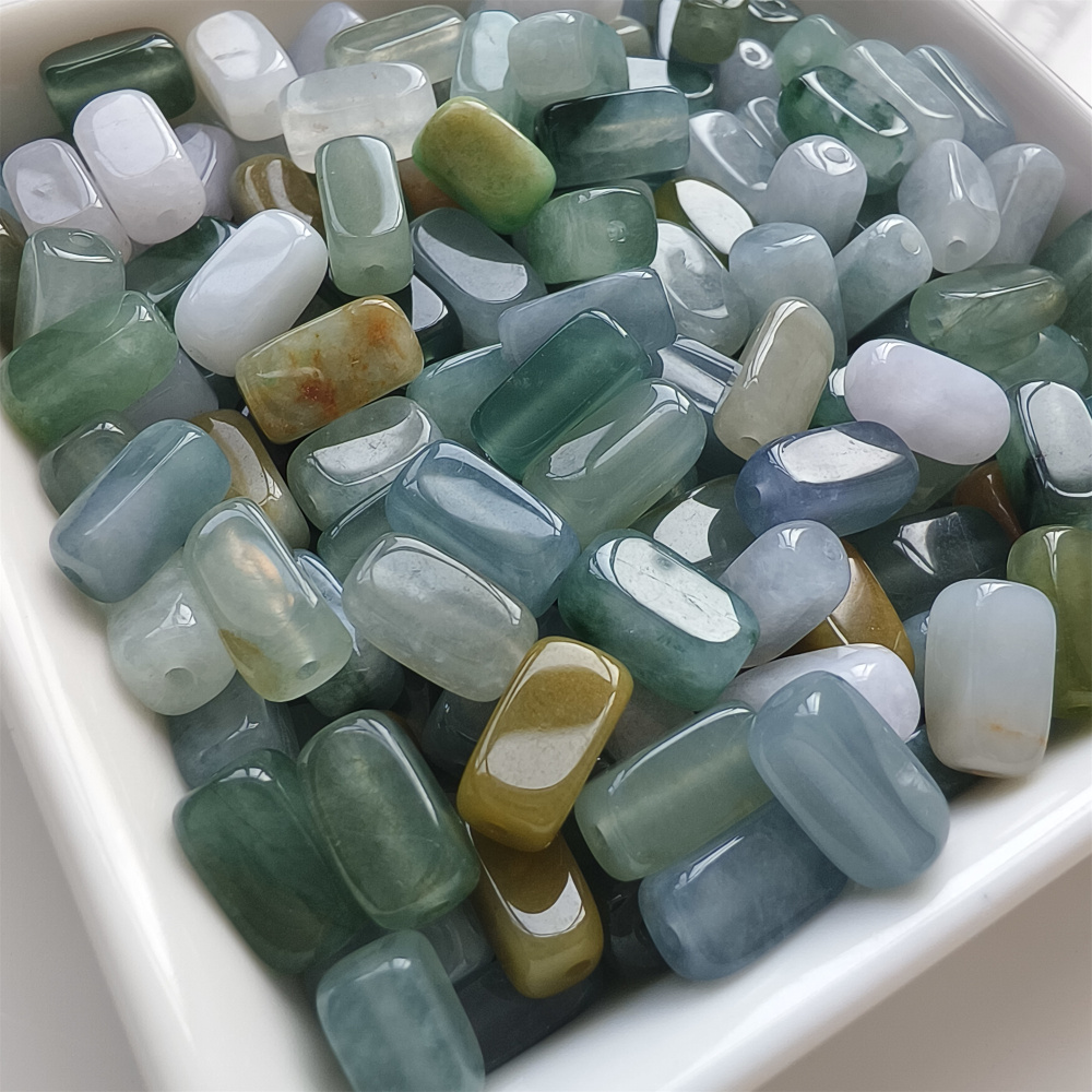 10pcs 10X5mm Natural Certificated Type A Green White Yellow Burmese Jadeite Smooth Rectangle Beads,Burma Jadeite Loose Beads,DIY Jewelry Supplies