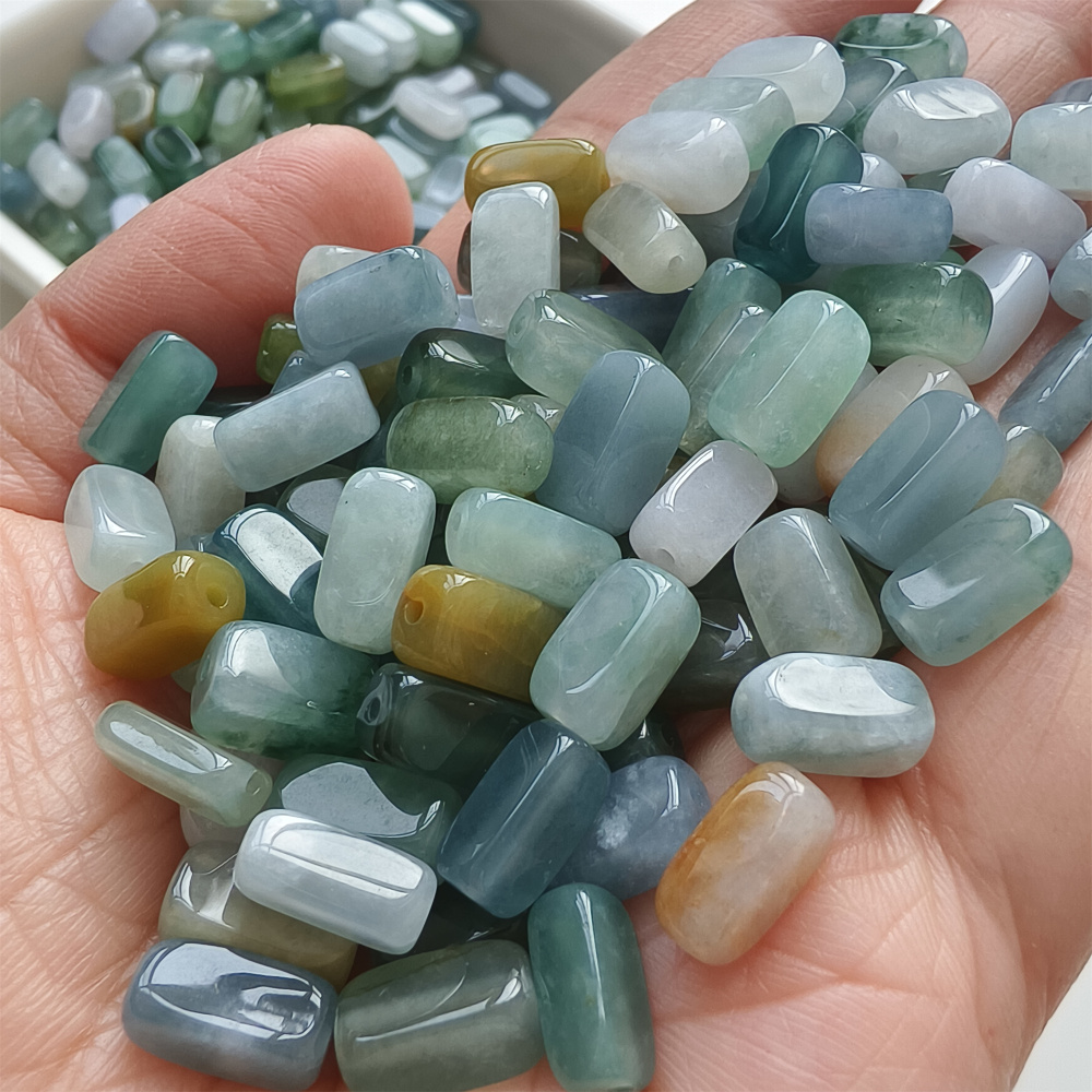 10pcs 10X5mm Natural Certificated Type A Green White Yellow Burmese Jadeite Smooth Rectangle Beads,Burma Jadeite Loose Beads,DIY Jewelry Supplies