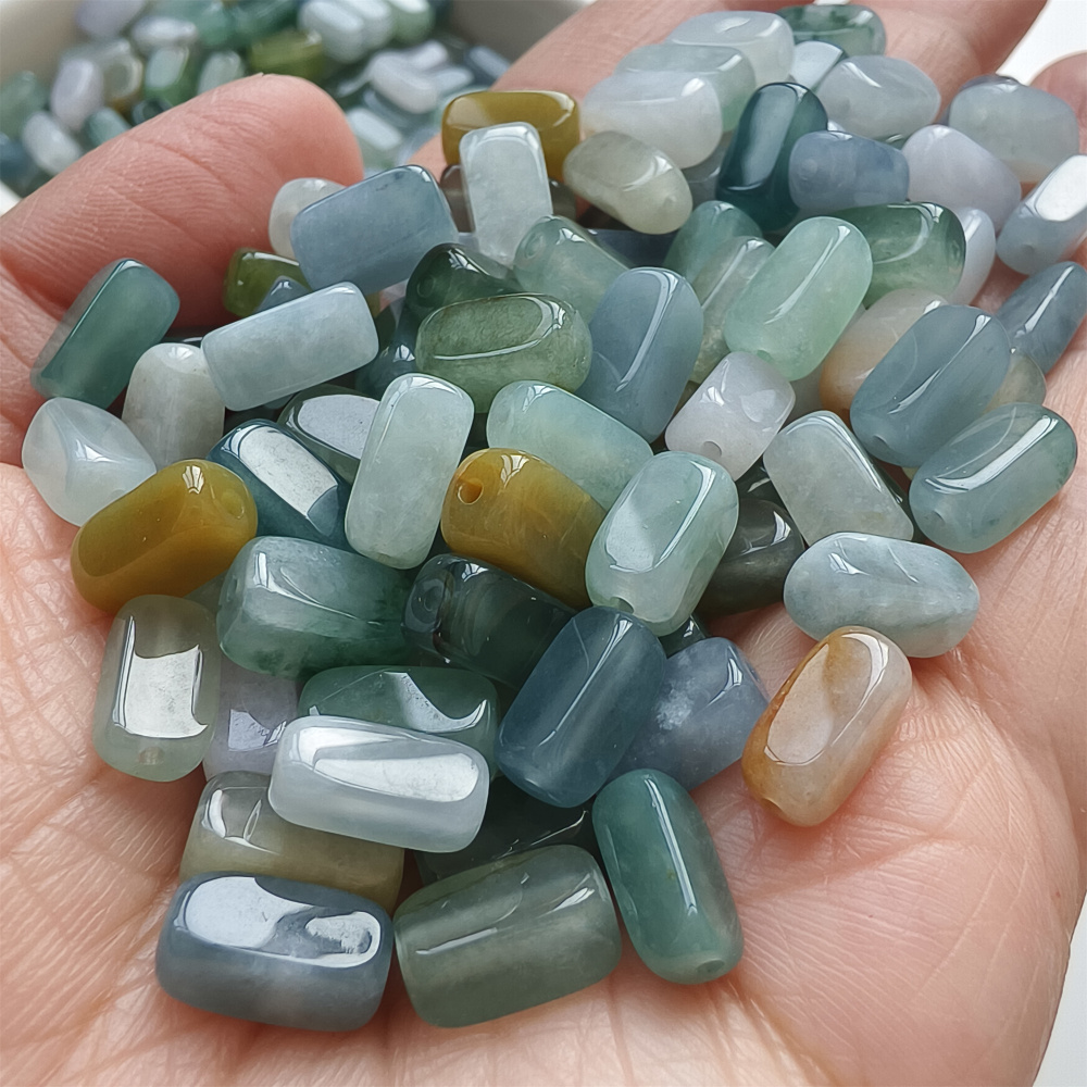 10pcs 10X5mm Natural Certificated Type A Green White Yellow Burmese Jadeite Smooth Rectangle Beads,Burma Jadeite Loose Beads,DIY Jewelry Supplies