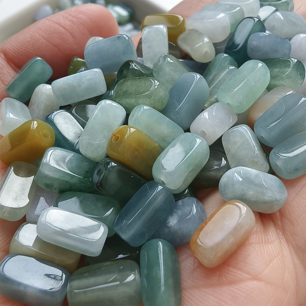 10pcs 10X5mm Natural Certificated Type A Green White Yellow Burmese Jadeite Smooth Rectangle Beads,Burma Jadeite Loose Beads,DIY Jewelry Supplies