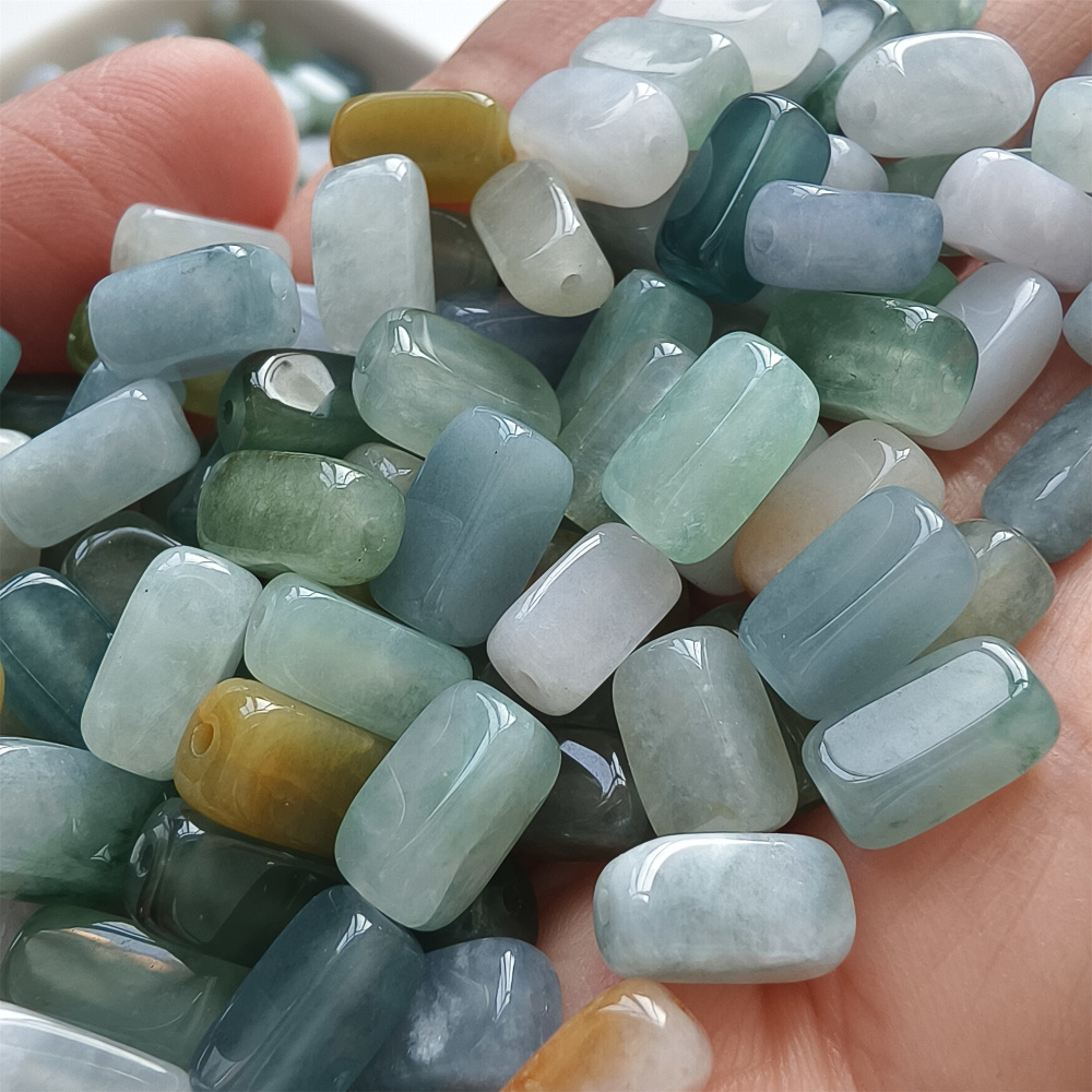 10pcs 10X5mm Natural Certificated Type A Green White Yellow Burmese Jadeite Smooth Rectangle Beads,Burma Jadeite Loose Beads,DIY Jewelry Supplies