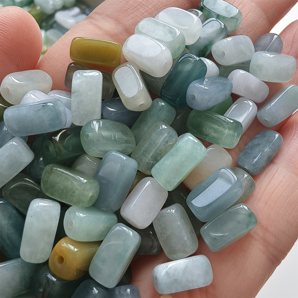 10pcs 10X5mm Natural Certificated Type A Green White Yellow Burmese Jadeite Smooth Rectangle Beads,Burma Jadeite Loose Beads,DIY Jewelry Supplies