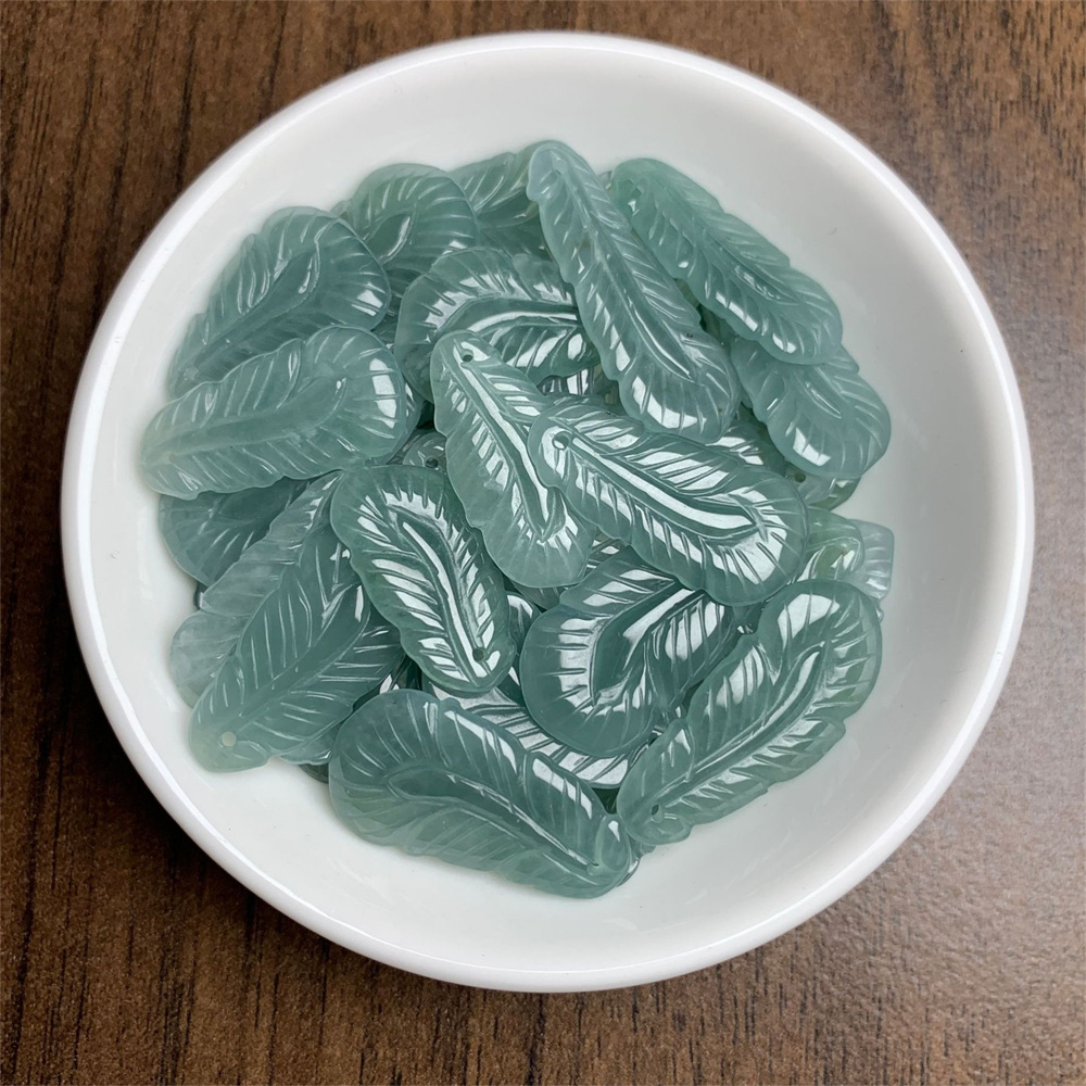 2pcs Natural Type A 18-26X10-12X1.7-2.4mm Untreated Icy Waxy Green Watery Burmese Jadeite Leaves  Pendant,Blue Jadeite Leaf Charms,DIY Jewelry Supplies