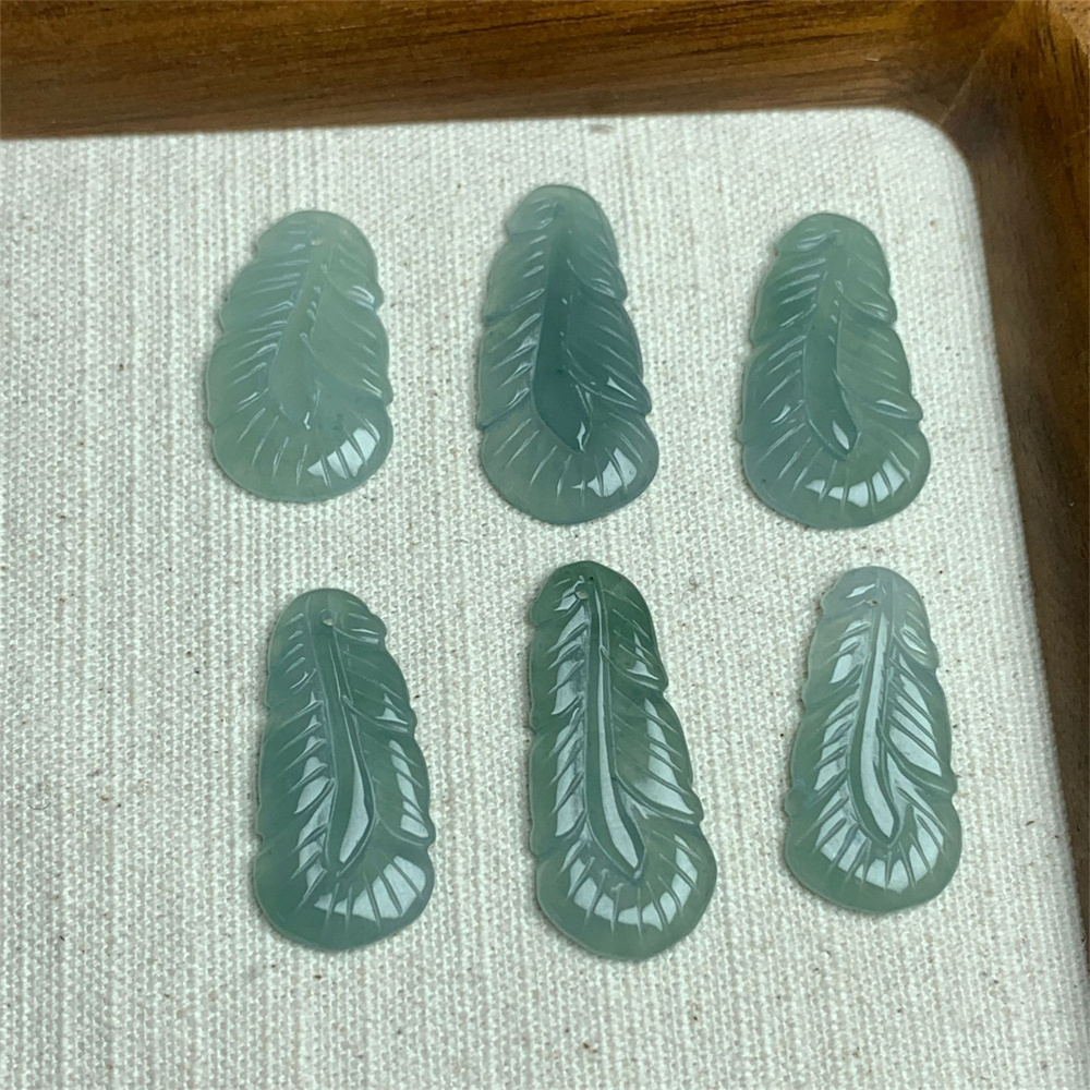 2pcs Natural Type A 18-26X10-12X1.7-2.4mm Untreated Icy Waxy Green Watery Burmese Jadeite Leaves  Pendant,Blue Jadeite Leaf Charms,DIY Jewelry Supplies