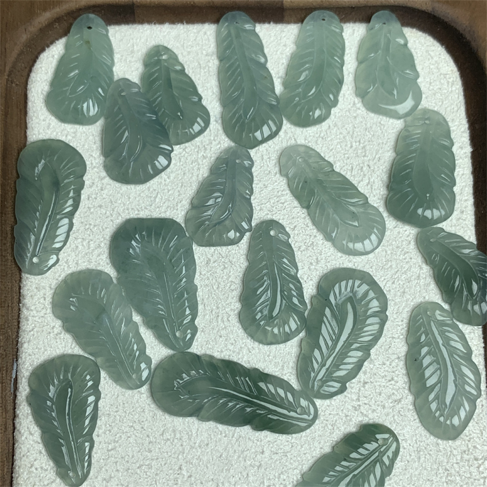 2pcs Natural Type A 18-26X10-12X1.7-2.4mm Untreated Icy Waxy Green Watery Burmese Jadeite Leaves  Pendant,Blue Jadeite Leaf Charms,DIY Jewelry Supplies
