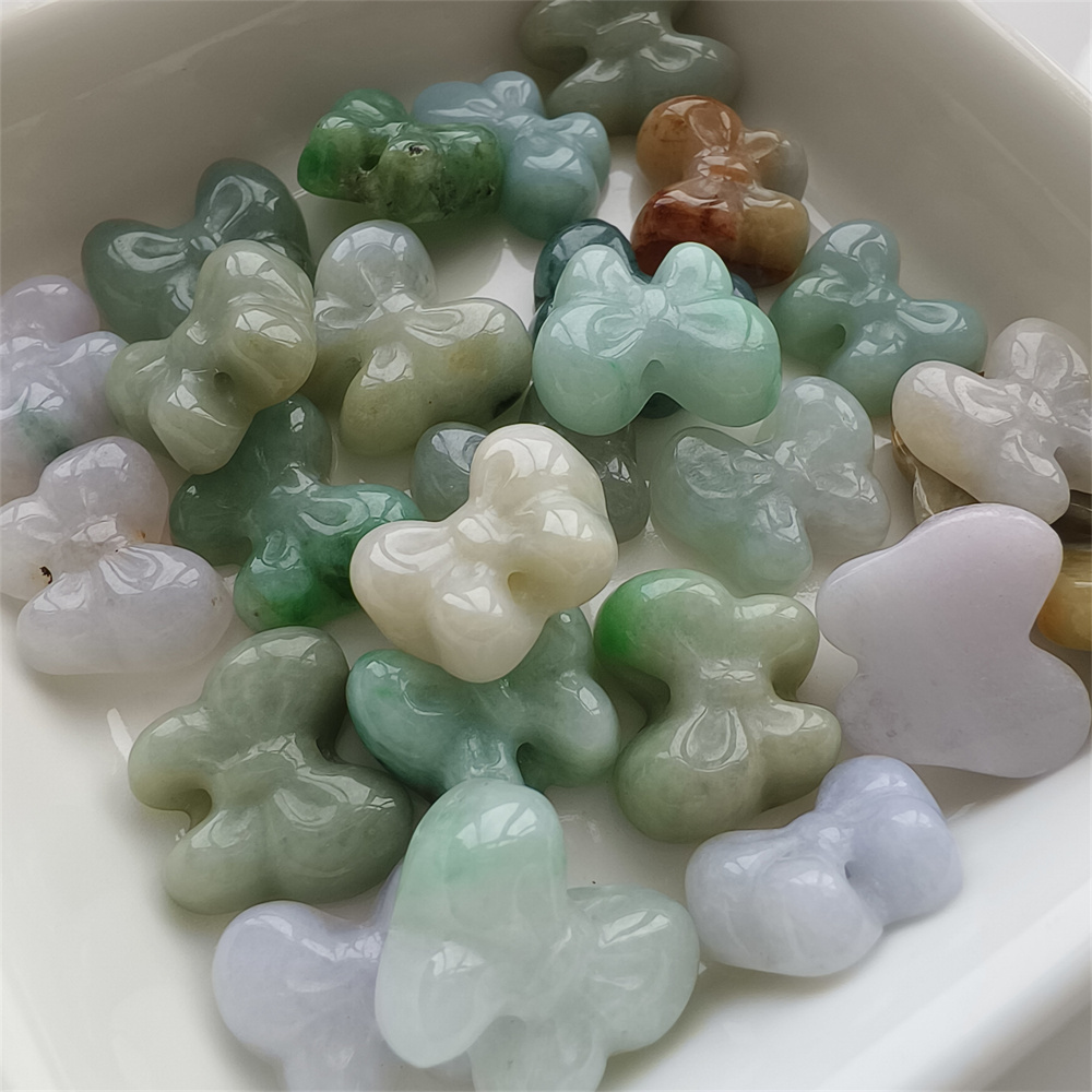 Natural Certificated Type A 12-14X14-17X5mm Green White Yellow Burmese Jadeite Butterfly Beads,Go Through Hole Beads,DIY Jewelry Supplies