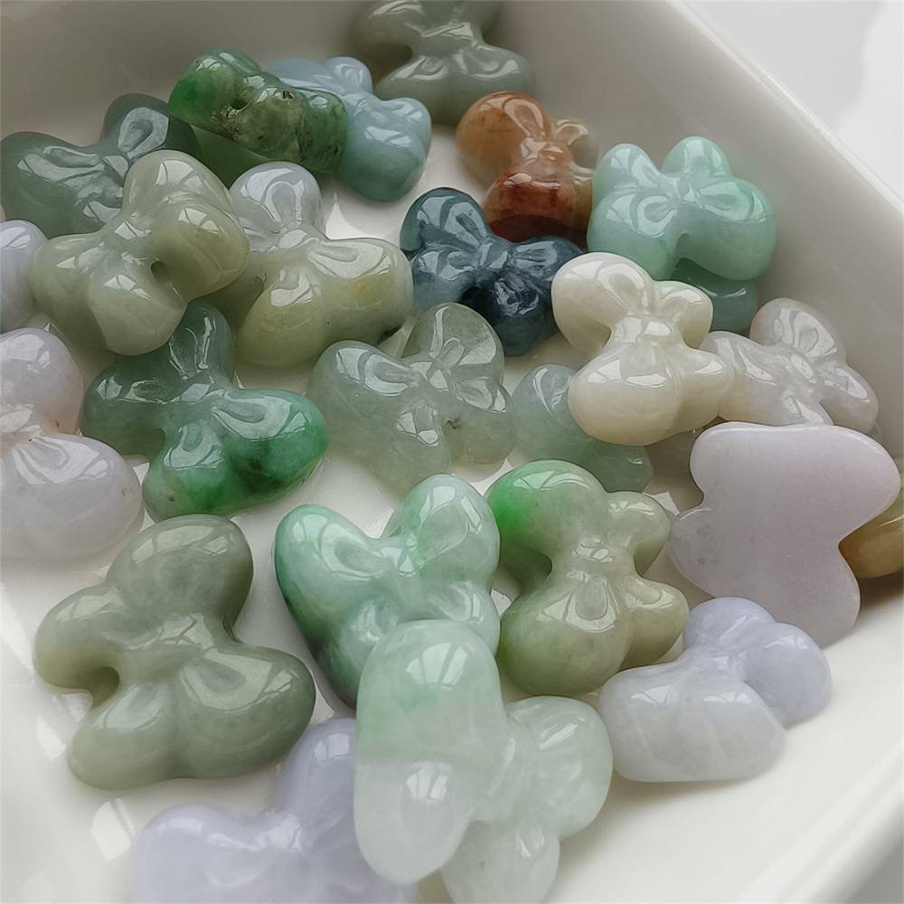 Natural Certificated Type A 12-14X14-17X5mm Green White Yellow Burmese Jadeite Butterfly Beads,Go Through Hole Beads,DIY Jewelry Supplies