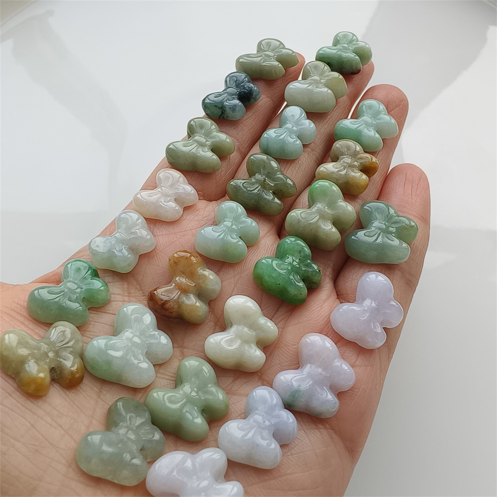 Natural Certificated Type A 12-14X14-17X5mm Green White Yellow Burmese Jadeite Butterfly Beads,Go Through Hole Beads,DIY Jewelry Supplies