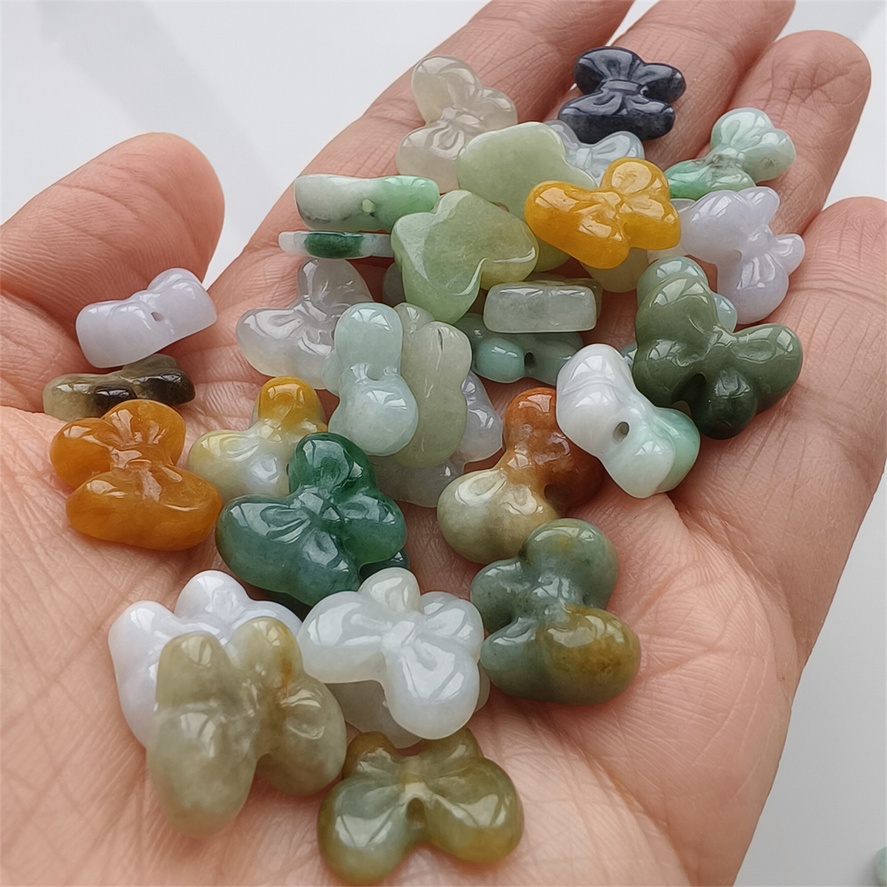 Natural Certificated Type A 10-12X12-15X3-7mm Green White Yellow Burmese Jadeite Butterfly Beads,Go Through Hole Beads,DIY Jewelry Supplies