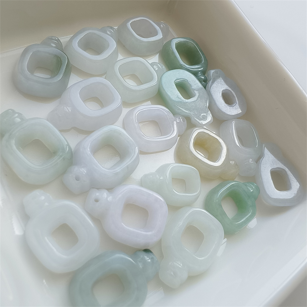 Natural Certificated Type A 13-17X10-12X3mm Green White Burmese Jadeite Filigree Square Pendant,Square Charms,DIY Jewelry Supplies