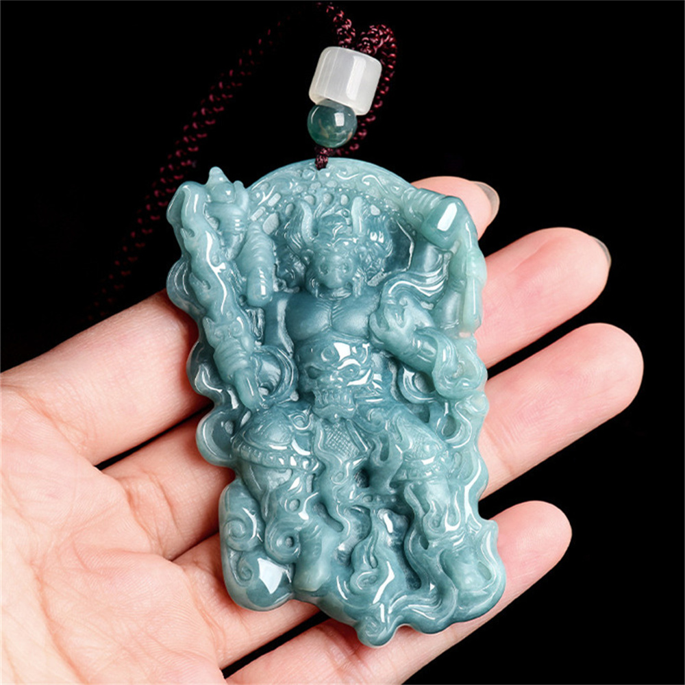 Natural Certificated Type A 66X43X9mm Untreated Icy Waxy Blue Watery Guatemalan Jadeite Fire God Zhu Rong Pendant,Amulet Pendant,DIY Jewelry Supplies