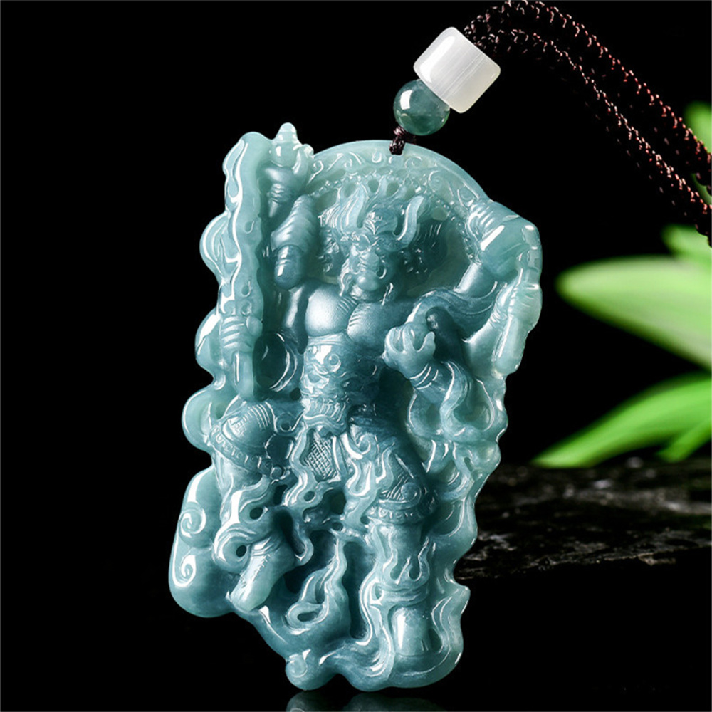 Natural Certificated Type A 66X43X9mm Untreated Icy Waxy Blue Watery Guatemalan Jadeite Fire God Zhu Rong Pendant,Amulet Pendant,DIY Jewelry Supplies