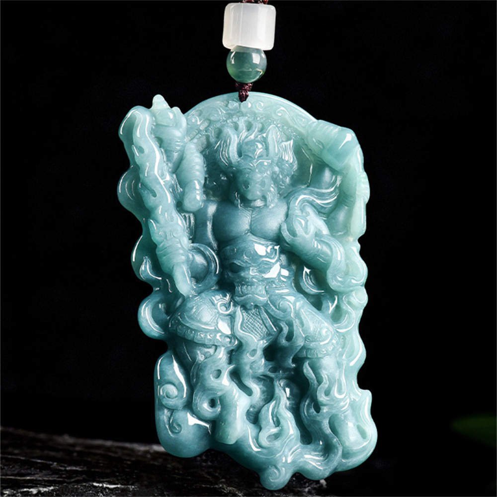 Natural Certificated Type A 66X43X9mm Untreated Icy Waxy Blue Watery Guatemalan Jadeite Fire God Zhu Rong Pendant,Amulet Pendant,DIY Jewelry Supplies