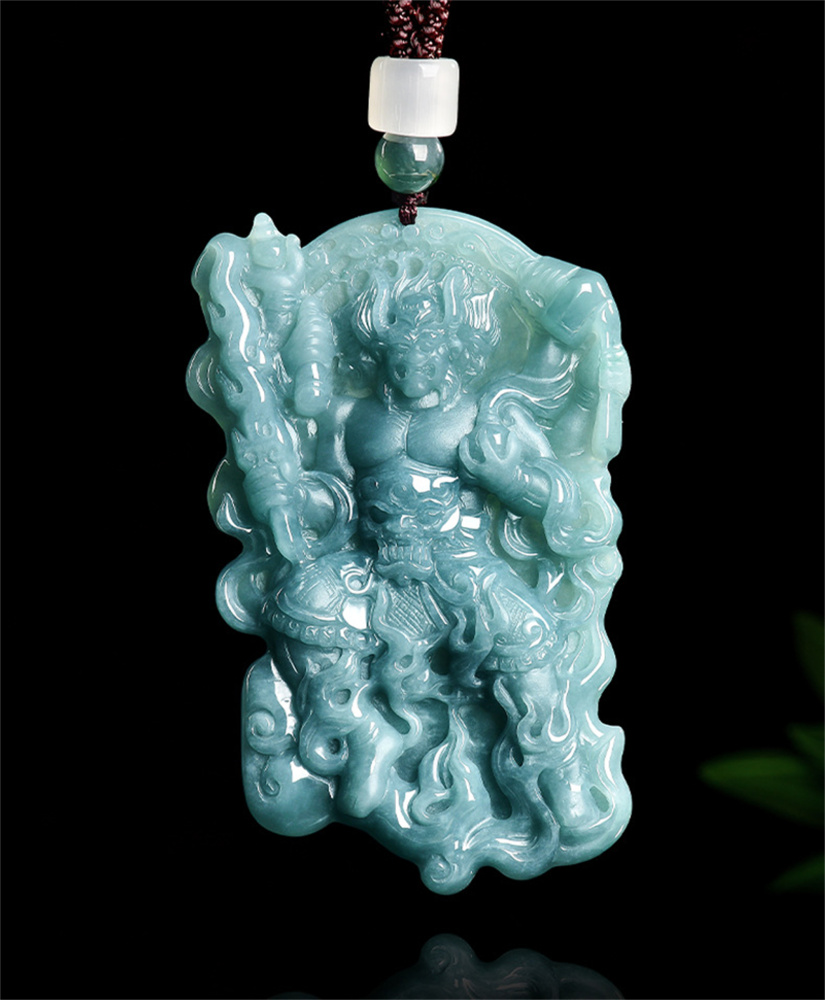 Natural Certificated Type A 66X43X9mm Untreated Icy Waxy Blue Watery Guatemalan Jadeite Fire God Zhu Rong Pendant,Amulet Pendant,DIY Jewelry Supplies