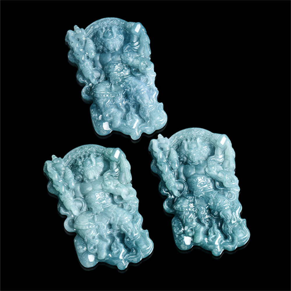 Natural Certificated Type A 66X43X9mm Untreated Icy Waxy Blue Watery Guatemalan Jadeite Fire God Zhu Rong Pendant,Amulet Pendant,DIY Jewelry Supplies