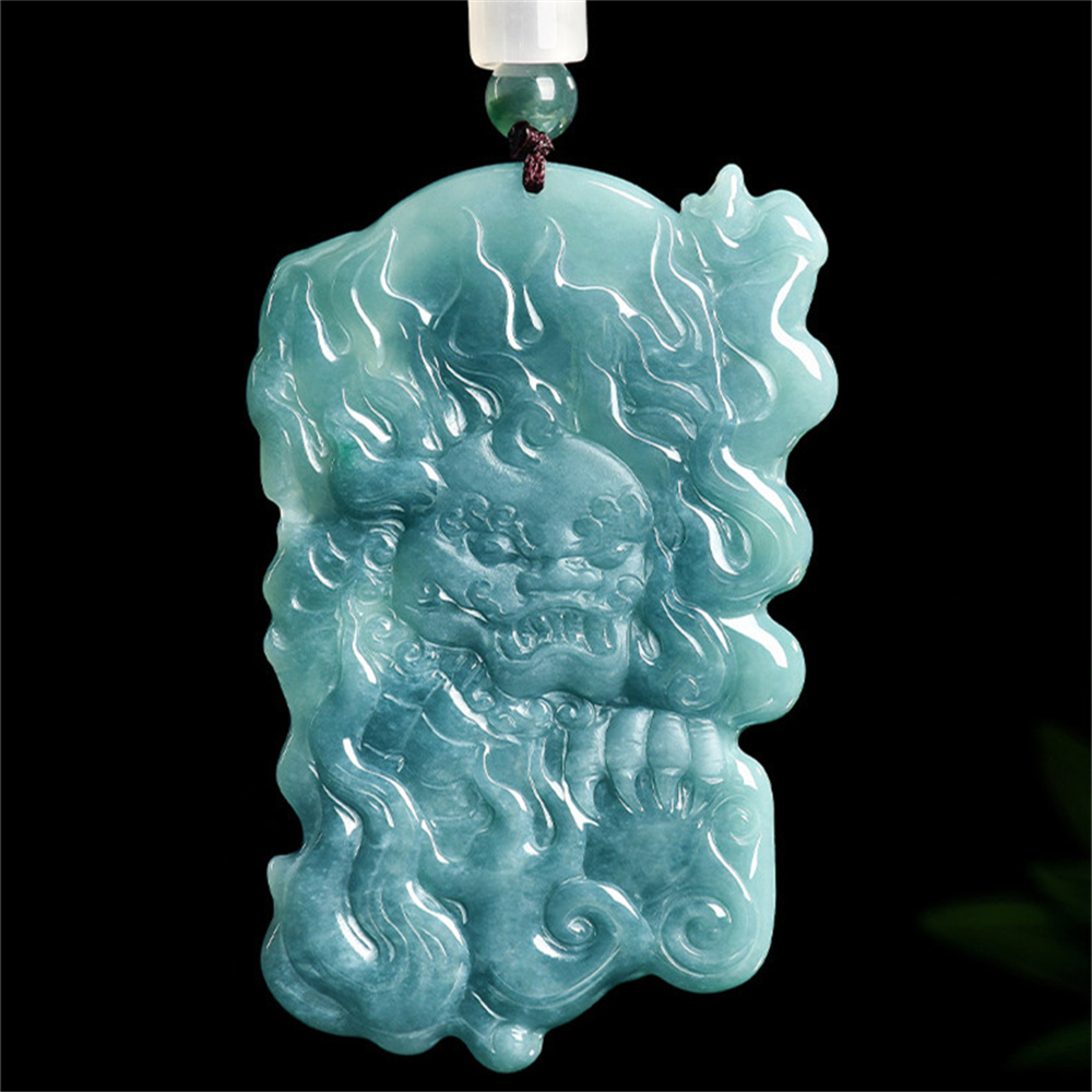 Natural Certificated Type A 66X43X9mm Untreated Icy Waxy Blue Watery Guatemalan Jadeite Fire God Zhu Rong Pendant,Amulet Pendant,DIY Jewelry Supplies
