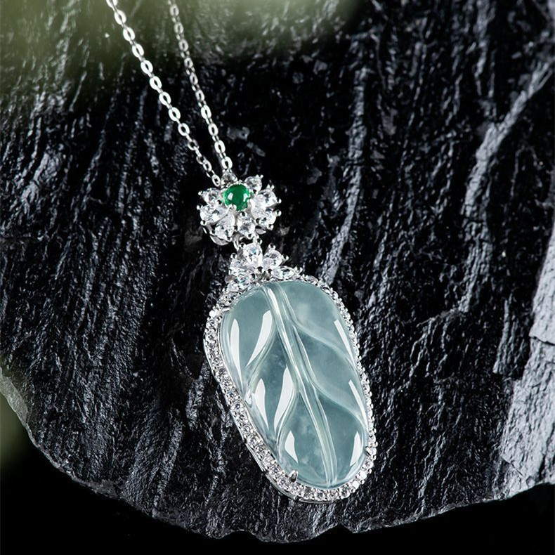 Natural Certificated Type A 38.8X16.7X6.6mm Untreated Icy Waxy Blue Watery Guatemalan Jadeite Leaf Pendant ,Zircon Pendant,DIY Jewelry Supplies
