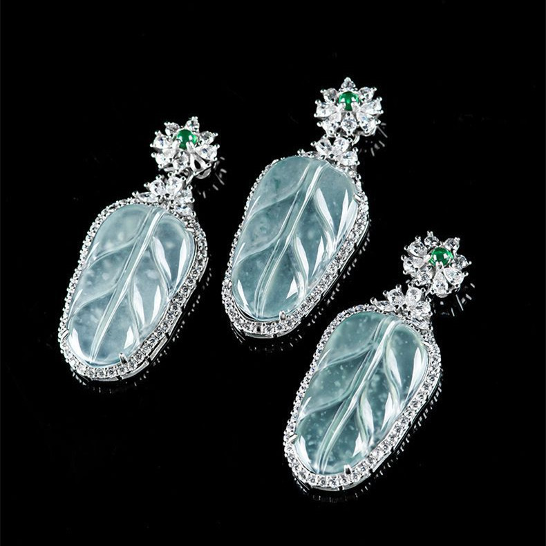 Natural Certificated Type A 38.8X16.7X6.6mm Untreated Icy Waxy Blue Watery Guatemalan Jadeite Leaf Pendant ,Zircon Pendant,DIY Jewelry Supplies
