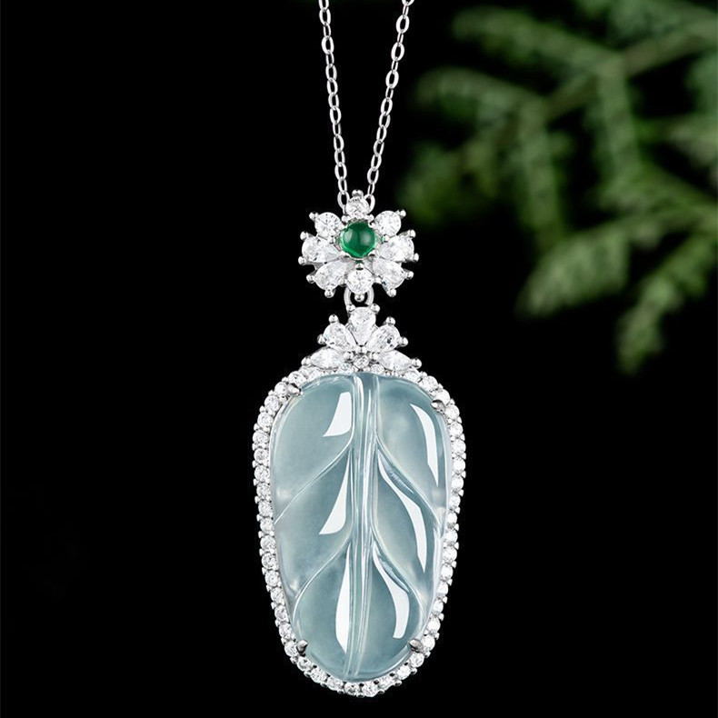 Natural Certificated Type A 38.8X16.7X6.6mm Untreated Icy Waxy Blue Watery Guatemalan Jadeite Leaf Pendant ,Zircon Pendant,DIY Jewelry Supplies