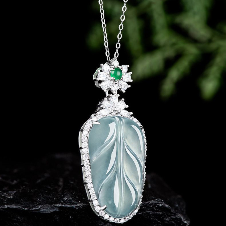 Natural Certificated Type A 38.8X16.7X6.6mm Untreated Icy Waxy Blue Watery Guatemalan Jadeite Leaf Pendant ,Zircon Pendant,DIY Jewelry Supplies