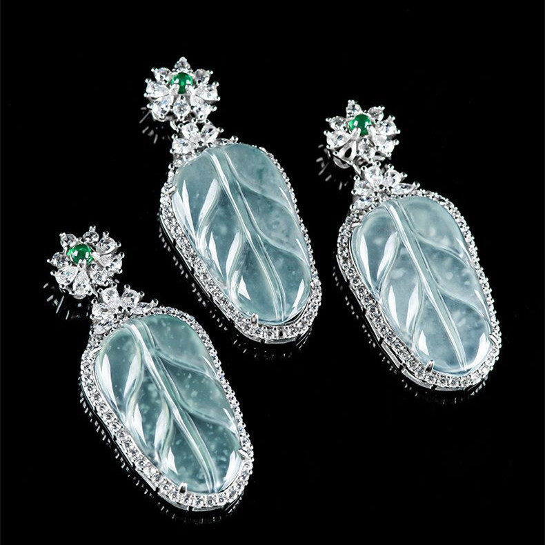 Natural Certificated Type A 38.8X16.7X6.6mm Untreated Icy Waxy Blue Watery Guatemalan Jadeite Leaf Pendant ,Zircon Pendant,DIY Jewelry Supplies