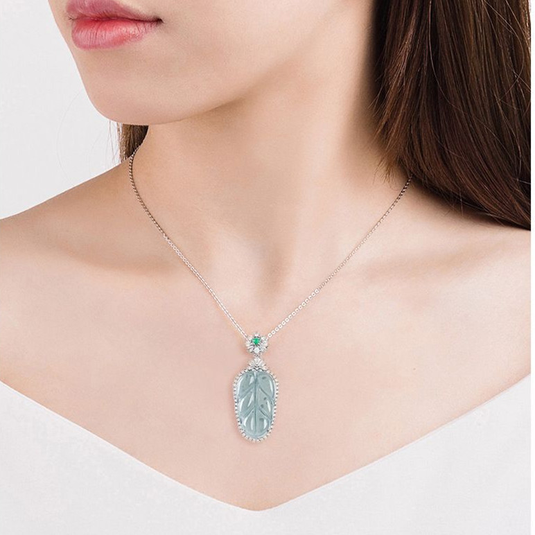 Natural Certificated Type A 38.8X16.7X6.6mm Untreated Icy Waxy Blue Watery Guatemalan Jadeite Leaf Pendant ,Zircon Pendant,DIY Jewelry Supplies