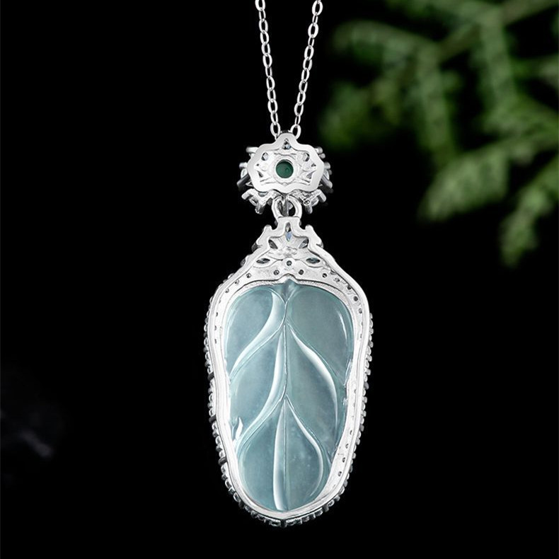 Natural Certificated Type A 38.8X16.7X6.6mm Untreated Icy Waxy Blue Watery Guatemalan Jadeite Leaf Pendant ,Zircon Pendant,DIY Jewelry Supplies