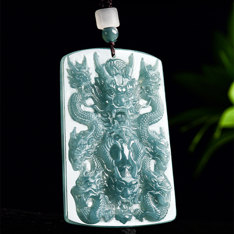 Natural Certificated Type A 70X48.5X8.5mm Untreated Icy Waxy Blue Watery Guatemalan Jadeite Rectangle Pendant With Dragon Carved,Chinese Zodiac Pendant,DIY Jewelry Supplies