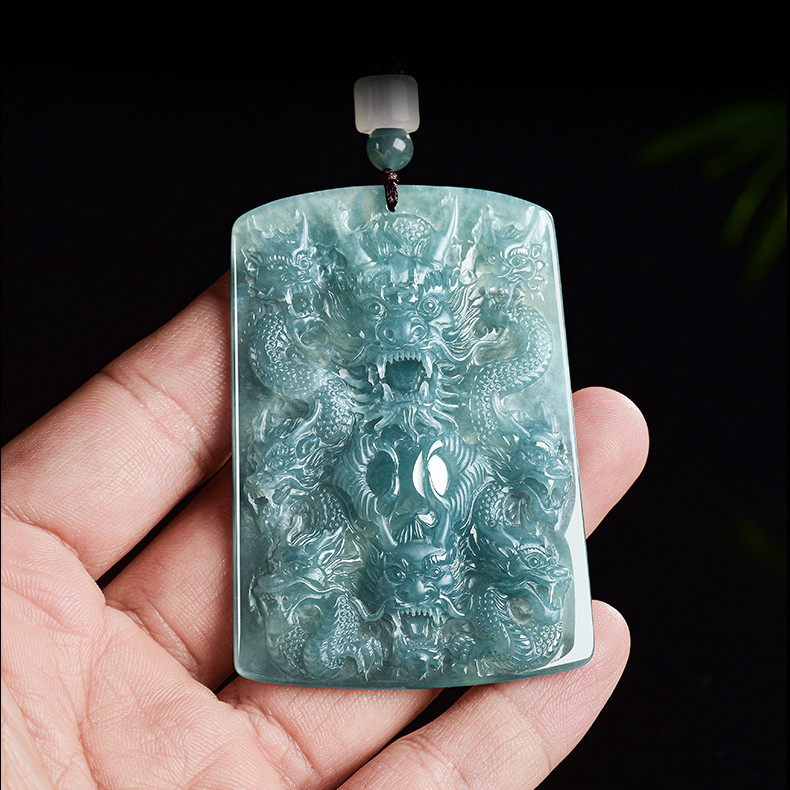 Natural Certificated Type A 70X48.5X8.5mm Untreated Icy Waxy Blue Watery Guatemalan Jadeite Rectangle Pendant With Dragon Carved,Chinese Zodiac Pendant,DIY Jewelry Supplies