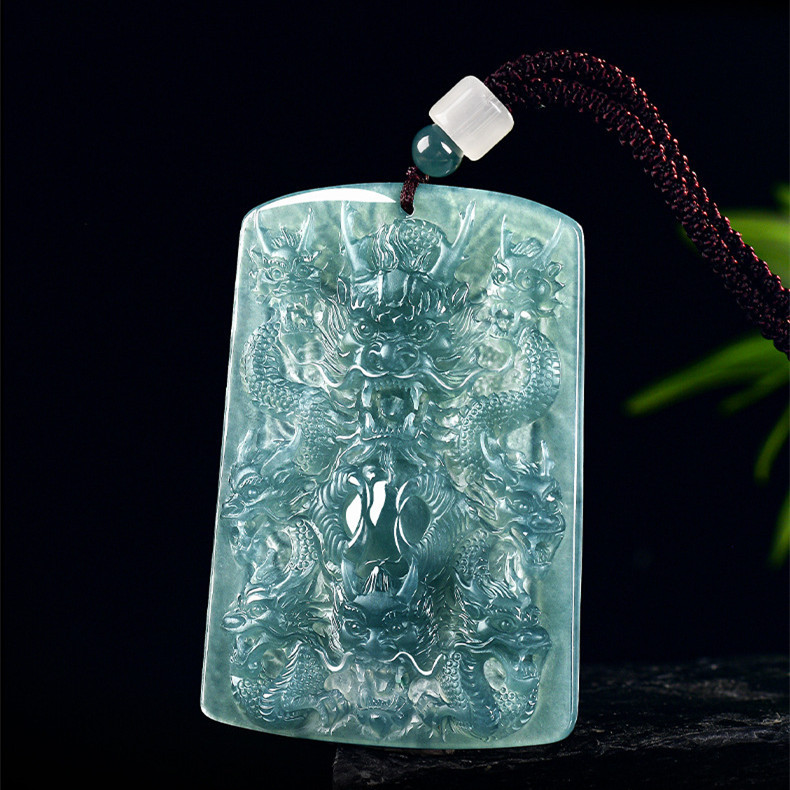 Natural Certificated Type A 70X48.5X8.5mm Untreated Icy Waxy Blue Watery Guatemalan Jadeite Rectangle Pendant With Dragon Carved,Chinese Zodiac Pendant,DIY Jewelry Supplies