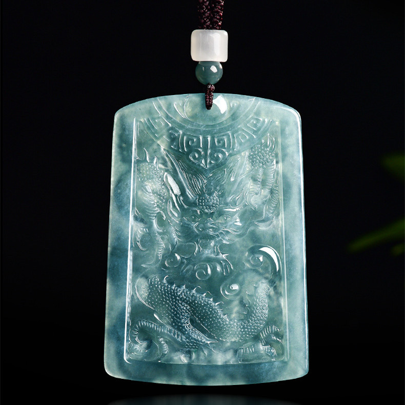 Natural Certificated Type A 70X48.5X8.5mm Untreated Icy Waxy Blue Watery Guatemalan Jadeite Rectangle Pendant With Dragon Carved,Chinese Zodiac Pendant,DIY Jewelry Supplies
